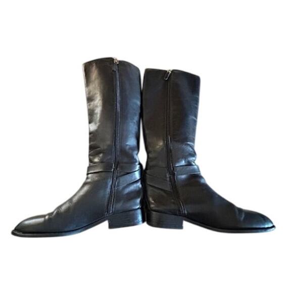 Tory Burch Black Leather Riding Boots Women’s 7M  Gold Buckle & Logo Detail - Picture 7 of 11